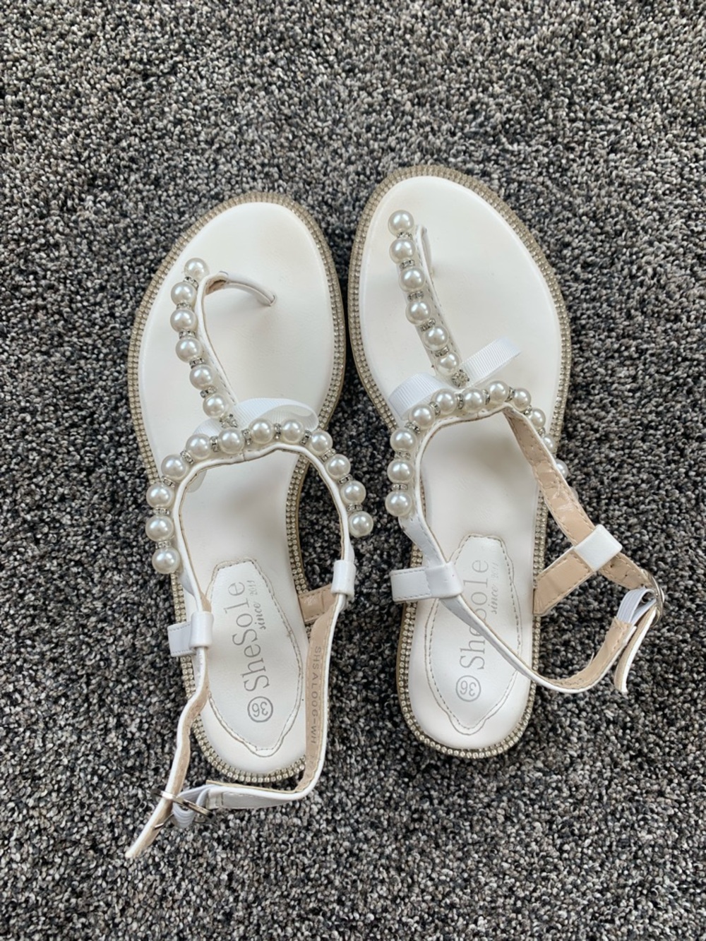 Shesole White Pearl T-Strap Wedding Sandals
